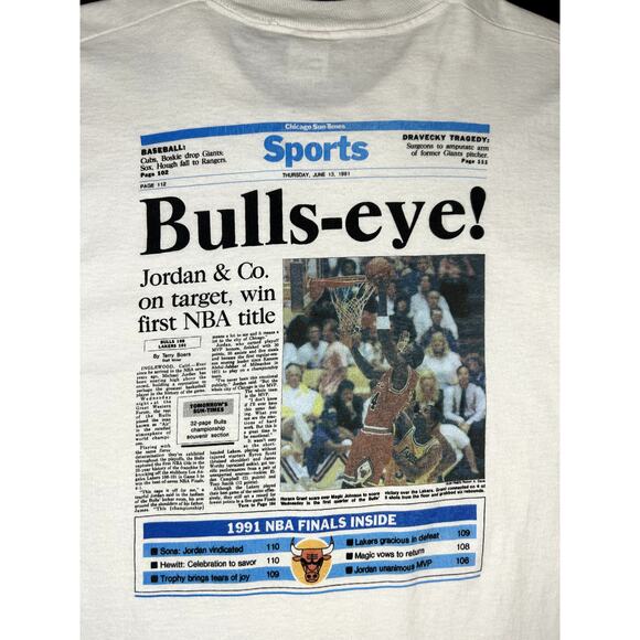 Vintage 90s NBA Championship Chicago Bulls Michael Jordan Newspaper Print Shirt - Picture 12 of 14